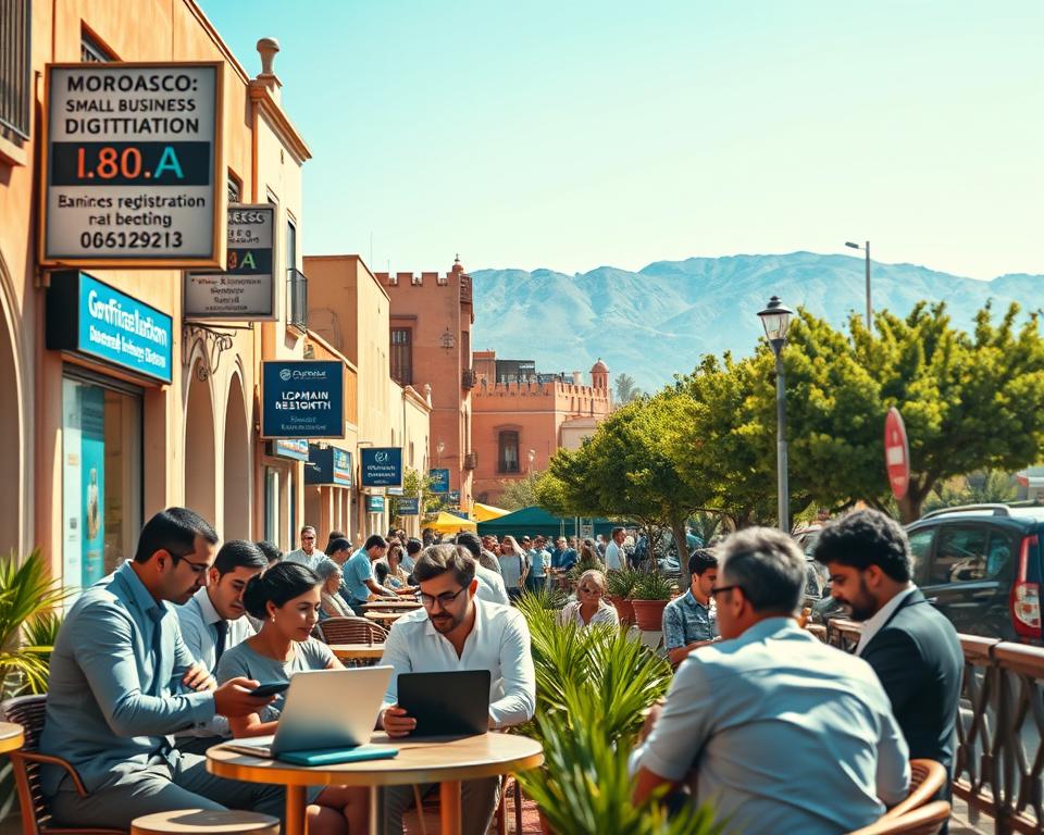 A vibrant street scene in Morocco showcasing a digital growth environment. In the foreground, a diverse group of professionals in smart casual attire discuss ideas over laptops and mobile devices on a bustling café terrace, emphasizing small business digitization. In the middle, traditional Moroccan architecture blends with modern signage advertising local digital services and domain registration, symbolizing local content growth. The background features the Atlas Mountains under a clear blue sky, with lush green trees, creating a harmonious blend of nature and technology. The image captures warm, natural lighting, creating an inviting atmosphere, with a slight depth of field effect to emphasize the foreground activities while keeping the background in focus.